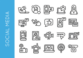 Social media icons. Set of 20 social media minimalist icons. Megaphone, like, user profile, smartphone, video, chat icon. Design signs for web page, mobile app, digital marketing. Vector illustration