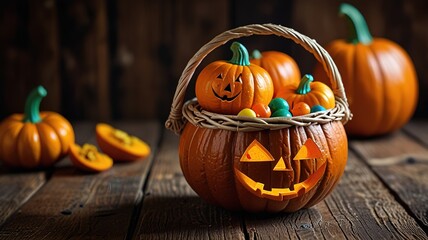 Pumpkin basket on old wood table, Halloween party concept