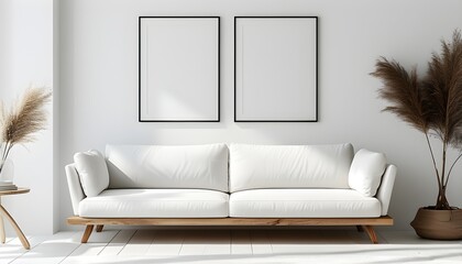 Canvas Print - Elegant white sofa with wooden legs set against a minimalist backdrop, ideal for highlighting home decor and artistic displays