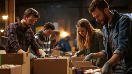 Volunteers sorting canned goods into boxes at a community food bank.