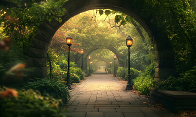 Sticker - A mysterious pathway lined with stone arches, leading through a tranquil forest.