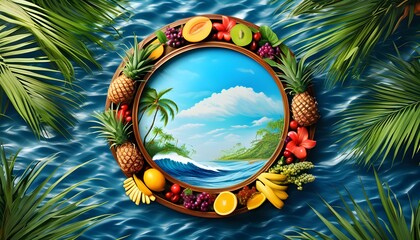 Tropical paradise scene featuring palm trees, ocean waves, and fresh tropical fruits within a circular frame