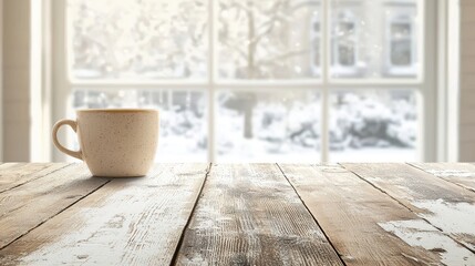 Wall Mural - Rustic Wooden Tabletop with Cup and Snowy Window View