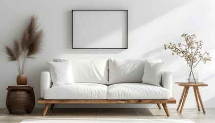 Canvas Print - Elegant white sofa with wooden legs set against a minimalist backdrop, ideal for highlighting home decor and artistic displays