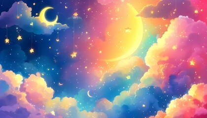 Wall Mural - Whimsical night sky with vibrant clouds, twinkling stars, and a crescent moon, perfect for inspiring dreams and fantasy adventures