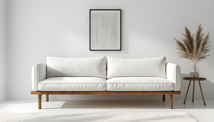 Canvas Print - Elegant white sofa with wooden legs set against a minimalist backdrop, ideal for highlighting home decor and artistic displays