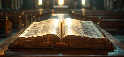 Open Bible in a church with a blurred background of pews.