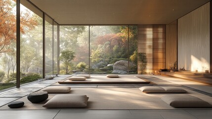 Wall Mural - Serene interior with cushions and a view of a tranquil garden.