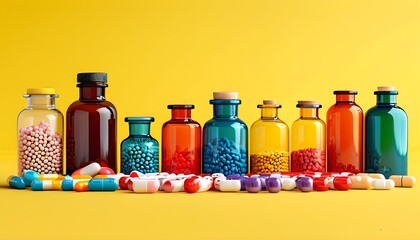 Wall Mural - Colorful Pills and Bottles in Modern Minimalist Arrangement on Bright Yellow Background