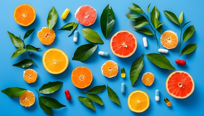 Wall Mural - Citrus Fruits and Leaves Artfully Arranged with Pills on a Bright Blue Background