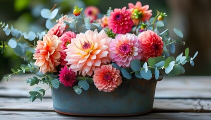 Wall Mural - Vibrant bouquet of colorful roses, dahlias, and eucalyptus in a charming rustic pot