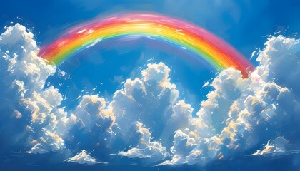 Vivid rainbow spanning fluffy clouds in a brilliant blue sky