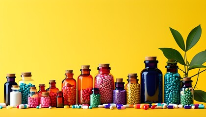 Wall Mural - Colorful Pills and Bottles in Modern Minimalist Arrangement on Bright Yellow Background