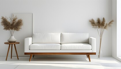 Canvas Print - Elegant white sofa with wooden legs set against a minimalist backdrop, ideal for highlighting home decor and artistic displays