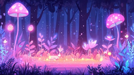 Wall Mural - Enchanted Forest with Glowing Mushrooms and Flowers