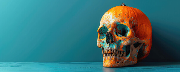 A vibrant orange pumpkin skull rests against teal background, creating striking contrast. This unique Halloween decoration combines elements of spookiness and creativity, perfect for festive displays