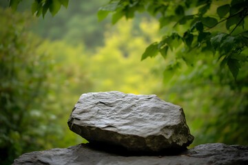 Sticker - A single rock, smooth and gray, rests upon a larger boulder, with a lush green forest backdrop.