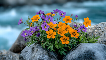 Colorful flowers blooming on a rock by a rushing river.