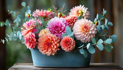 Wall Mural - Vibrant bouquet of colorful roses, dahlias, and eucalyptus in a charming rustic pot