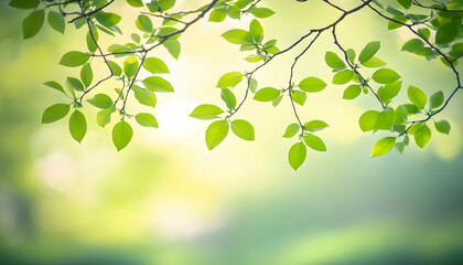 Sticker - Fresh green leaves on a branch with a soft, blurred background.