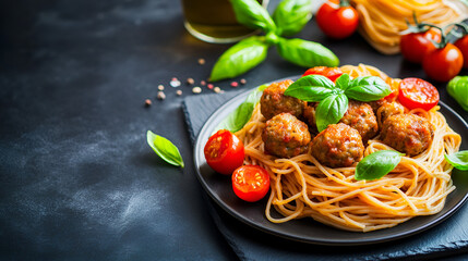 Wall Mural - Italian spaghetti and meatballs with basil and tomatoes on dark black board background, Plate of delicious pasta, text copy space, top down view, view from above, flat lay, generative ai