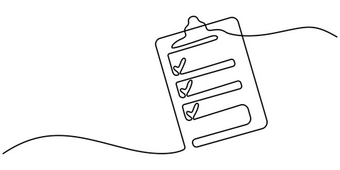 Poster - Clipboard with checklist and pen in one continuous line drawing. To do list with ticks and concept for test expertise and exam in simple linear style. Editable stroke. Doodle vector illustration, Clip