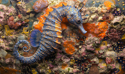 A colorful seahorse camouflaged amongst bright orange and blue coral.