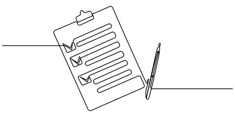 Wall Mural - Clipboard with checklist and pen in one continuous line drawing. To do list with ticks and concept for test expertise and exam in simple linear style. Editable stroke. Doodle vector illustration, Clip