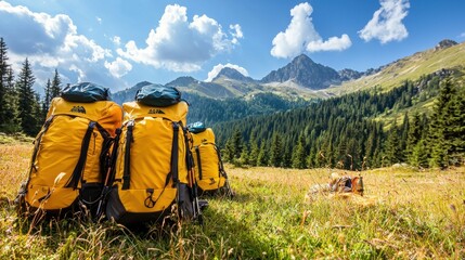 Wall Mural - Hiking Backpacks on Mountain Trail with Stunning View