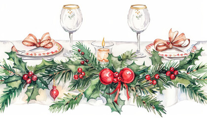 Wall Mural - A Christmas table with a tree in the background and a red tablecloth