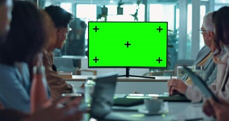 Aufkleber - Business people, meeting and presentation with green screen for video conference or webinar at office. Group, employees or chromakey display with tracking markers or mockup space for online seminar