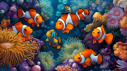 Vibrant clownfish swim amidst colorful coral reefs in a tropical underwater scene.