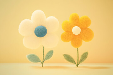 Sticker - Two fluffy flowers, one white and one yellow, on a yellow background.