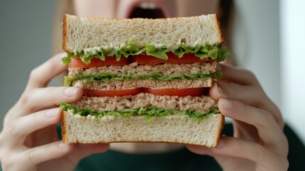 Wall Mural - A person holding a sandwich with meat, lettuce and tomato, AI