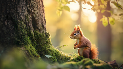 Wall Mural - A cute red squirrel perched on a mossy tree trunk in a sun-drenched forest.