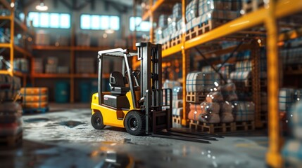 Modern warehouse interior of retail store with pallet forklift truck near shelves