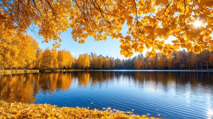 Sticker - Autumn Forest Lake with Golden Leaves and Sunbeams