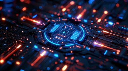 A computer chip with blue and orange lights