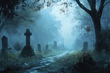 Poster - Stone Pathway Through a Foggy Graveyard