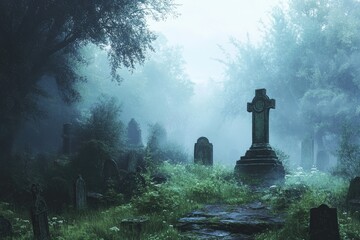 Canvas Print - A Cross-shaped Headstone in a Foggy Forest Cemetery