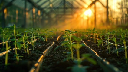 Canvas Print - Seedlings growing in greenhouse at sunset