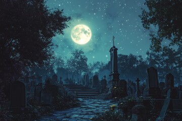 Sticker - A Moonlit Graveyard with Stone Steps and a Tall Headstone