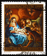 Wall Mural - Postage stamp Austria 1999 Birth of Christ by Anton Jantl (1723-1805), detail from the altarpiece in the parish church of Pinkafeld, Burgenland