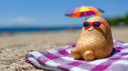 Canvas Print - A potato with sunglasses and a beach towel on top of it, AI