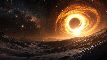 Cosmic Fire Ring in the Night Sky Over a Desolate Planet