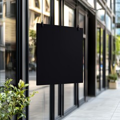 A blank black sign hanging outside a modern storefront, ideal for displaying custom messages or promotions in urban settings.