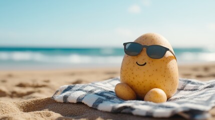 Wall Mural - A potato with sunglasses sitting on a towel at the beach, AI