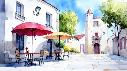 Charming Watercolor Scene of a French Village Square