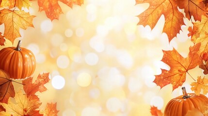 Wall Mural - Autumn Leaves and Pumpkins with Bokeh Background