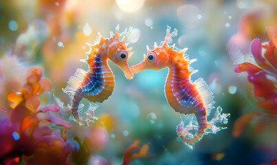 Two colorful seahorses face each other in a vibrant underwater scene.